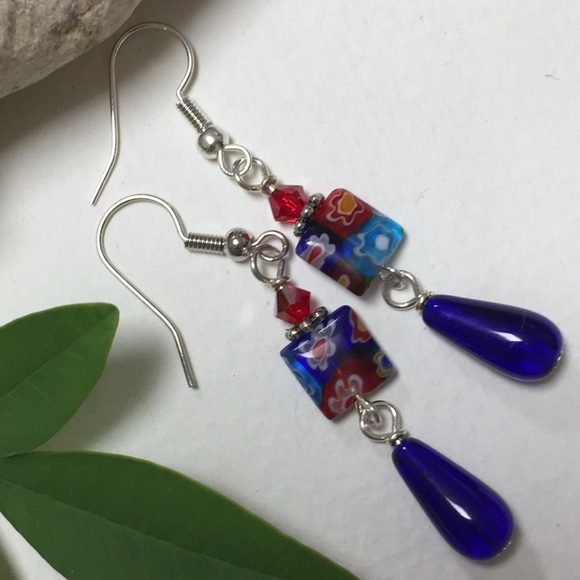 cocovalli Jewelry - Colorful millefiori blue glass drop earrings